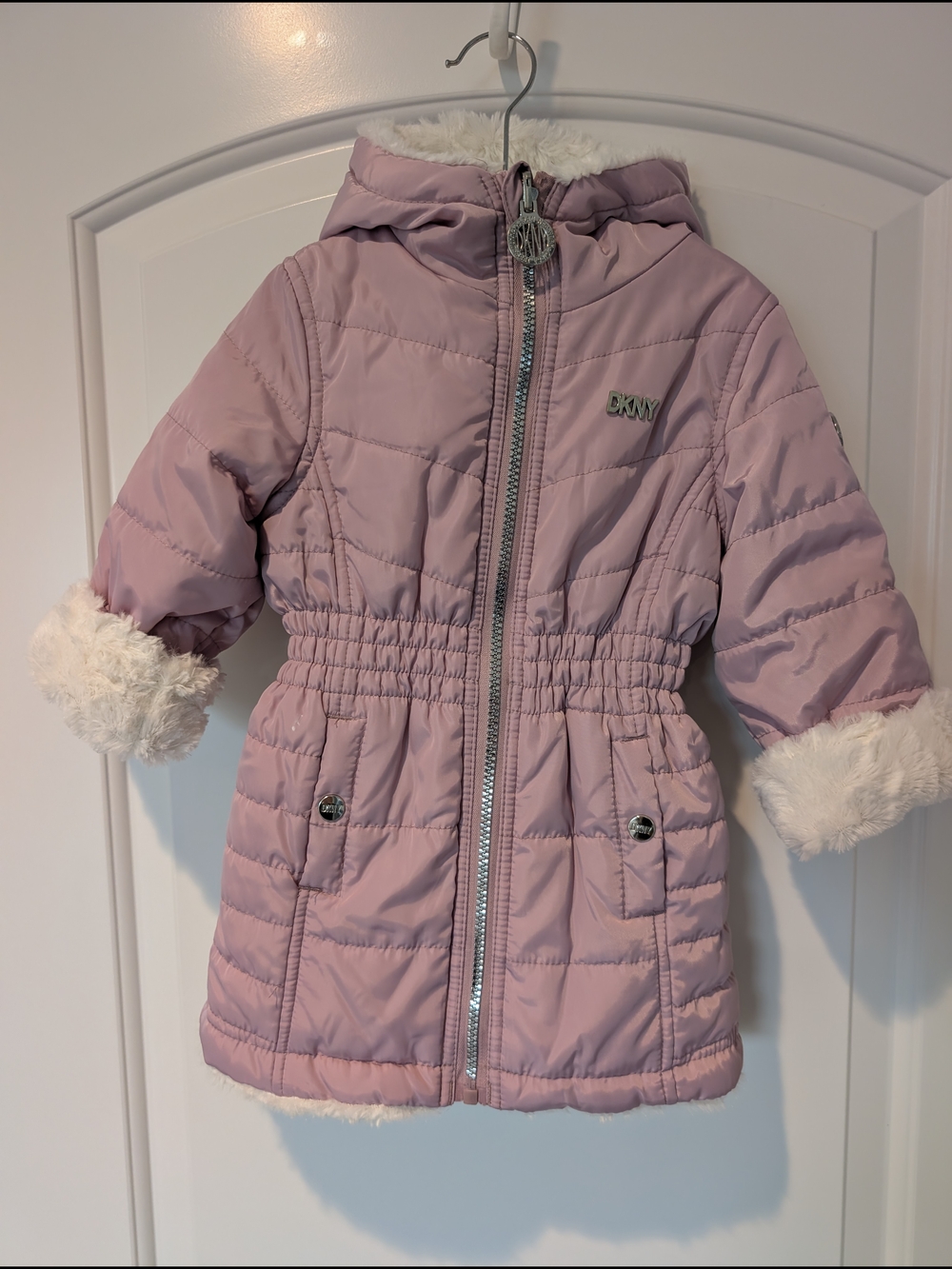 DKNY Girls Pink Quilted Hooded Coat with Faux Fur (Reversible)